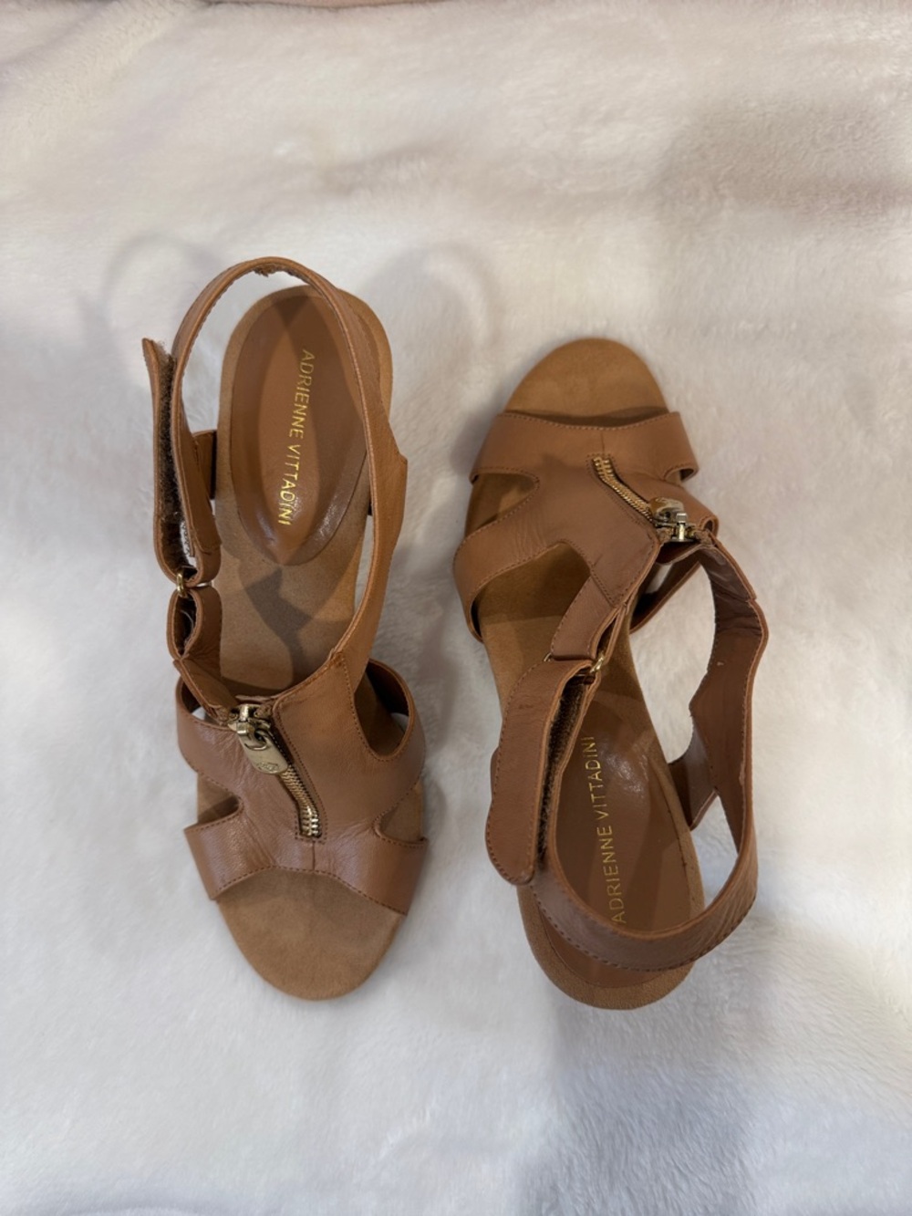 Adrienne Vittadini Brown Leather Zip-Front Women’s Sandals